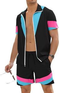 Conjunto para Hombre, Estilo Años 90, Bloques de Color, 2 Piezas, Chaqueta de Manga Corta y Pantalones Cortos Retro para Fiesta, 100% Poliéster Ecológico - Product Image 3