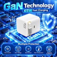 Chargeur rapide GaN 65W avec câble Type-C rétractable magnétique intégré, port USB-C pour la charge de téléphones et tablettes