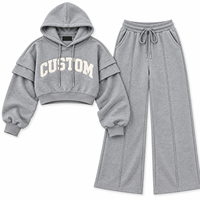 Ensemble survêtement Y2K gris pour femme : sweat à capuche court et pantalon large, tenue décontractée oversize, survêtements personnalisables avec logo, fabricant OEM en gros