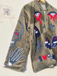 Veste élégante en velours kaki brodée de motifs de crânes et de fantômes, style Suzani, à manches longues, col montant, style bohème, pour femme, vêtement d'extérieur d'hiver - Product Image 2