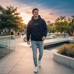 Custom <b>Navy</b> Blue Minimalist Logo Hoodie Men's Pullover <b>Sweatshirt</b> Casual Streetwear Hooded <b>Sweatshirt</b> OEM ODM - Product Image 4