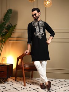 Costume traditionnel indien pour homme en soie extensible de qualité supérieure, brodé, tunique droite blanche, pour mariage d'hiver, Diwali - Product Image 4