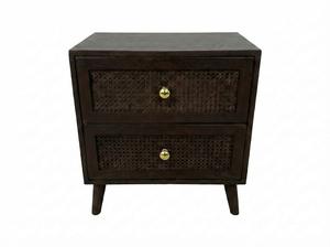 Table d'appoint moderne et écologique à 2 tiroirs, 5+ compartiments, en bois d'hévéa, MDF, placage de chêne, détails en rotin - Table de rangement pour salon - Product Image 5