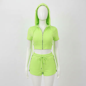 Ensemble deux pièces pour fille, tendance, 100% coton, sweat à capuche court zippé en molleton français, short taille haute avec poches et ceinture, coupe classique, OEM - Product Image 2