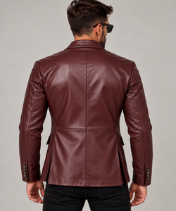<b>Men's</b> Luxury Maroon <b>Leather</b> <b>Blazer</b> Double Breasted Tailored Fit Six Button Closure for Lapel Italian Style Anti-shrink - Product Image 4