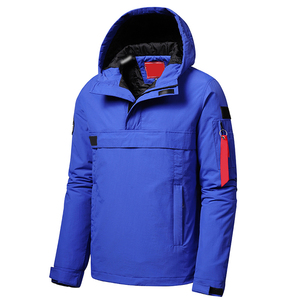 Men's Blue Hooded Windbreaker <b>Jacket</b> Quarter-Zip <b>Waterproof</b> Winter Coat with <b>Red</b> Sleeve Patch Casual Outdoor Wear Quick Dry - Product Image 1