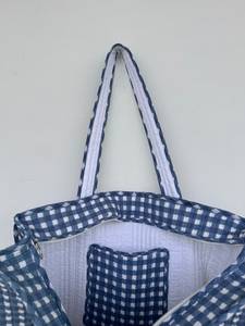 Sac fourre-tout en coton à carreaux bleus, fermeture éclair supérieure, longues poignées, sac de shopping pour femmes, toutes saisons, style minimaliste, voyage et quotidien - Product Image 4