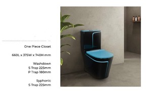Inodoro de una Pieza, Diseño Superior, Color Negro y Azul, Serie INSTA, 660X375X740mm, Sifón S&P, Sistema de Descarga Sifónica - Product Image 3