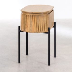Modern Mango Wood Nightstand Round <b>End</b> <b>Table</b> Bedroom with Fluted <b>Storage</b> Cabinet Metal Legs 1-Drawer - Product Image 2