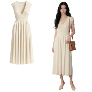 Vestido midi de punto acanalado para mujer, cuello redondo, nailon sólido, sencillo, transpirable, manga corta, elegante, informal, para oficina. - Product Image 1