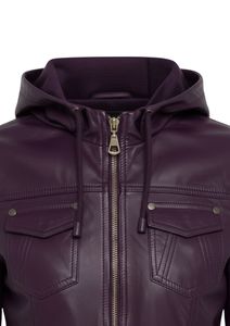 Chándal de cuero sintético con capucha para mujer, color morado oscuro, con bolsillo con cremallera, mangas largas y pantalón a juego - Product Image 4