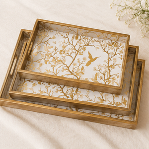 Juego de Bandejas de Servir de Madera Esmaltada Hechas a Mano de Lujo con Patrón de Pájaro Dorado, Plato para Té, Café y Desayuno para Decoración del Hogar - Product Image 1