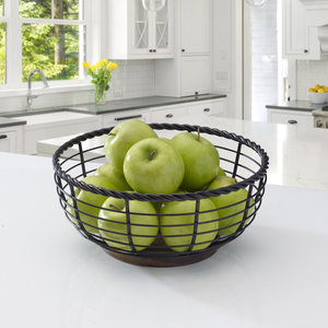 Panier à fruits en fil métallique noir avec crochet pour bananes, base en bois, bol à légumes - Product Image 5