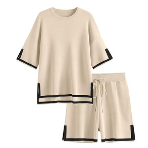 Ensemble deux pièces tendance pour femme en tricot gaufré, col rond, t-shirt oversize et short, tenue décontractée pour tous les jours - Product Image 6