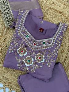 Ensemble Kurta Palazzo Dupatta en soie de verre brodée lavande, séchage rapide, coupe ample, longueur ras du sol, toutes saisons, pour femme, tenue de soirée - Product Image 6