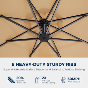 Parasol de patio suspendu déporté de 3 m avec 32 lumières LED, réglage facile de l'inclinaison, abri extérieur pour jardin et piscine - Product Image 3
