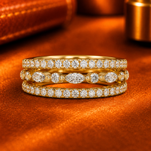 Luxury Rings 14K <b>Solid</b> Gold Three Row Stack Rings Lab Grown Diamond Round Marquise Accent Band Wedding Rings Anniversary Rings - Product Image 1