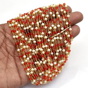 Chaîne de chapelet en perles de cornaline blanches hydro-couleurées, 3 mm, facettes rondelles, plaquée or, enveloppée de fil, bijoux - Product Image 2