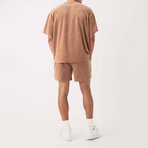 Ensemble décontracté d'été pour homme, deux pièces, t-shirt à col rond à manches courtes, short uni en coton éponge respirant - Product Image 1