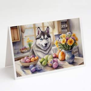 Whimsical Easter Siberian Husky Decor Pack de 8 A7 Tamaño 5x7 Tarjetas de notas en blanco con sobres para fines de felicitación - Product Image 1