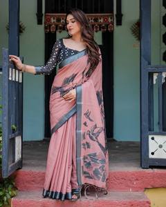 Sari Moderno con Estampado de Retrato, Algodón Suave, Blusa en Contraste, Ropa Étnica India para Mujer, Rosa Pastel, Gris Carbón, Diseño Antiarrugas - Product Image 5