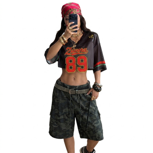 Retro Street Fashion Wear Short Sleeve Oversized Mesh <b>Cropped</b> <b>Top</b> Women American Football Jersey Black <b>Red</b> Graphic Print V-Neck - Product Image 3