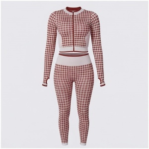 2 Piece Yoga Set Houndstooth Pattern Full Length Zipper Front High Waist Leggings Spandex Polyester Seamless Sportswear - Product Image 1