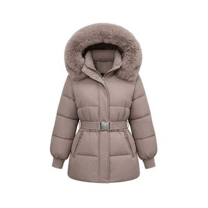 Custom Beige Women's Polyester Belted Puffer Jacket Fur Hood Quilted Winter <b>Coat</b> Padded Outerwear Winter Fashion - Product Image 1