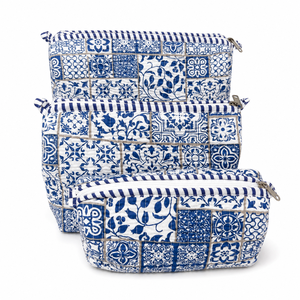 Ensemble de 3 trousses de maquillage vintage élégantes bleues rayées en coton résistant à l'eau avec fermeture éclair, poignée souple et grande capacité - Product Image 6