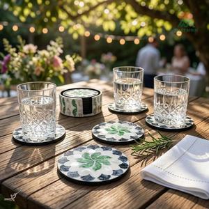 mother of pearl Round Coasters Set With Green Leaf Pattern <b>Reusable</b> Mats & <b>Pads</b> Oriental Design - Product Image 3