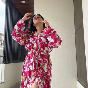 Bata Larga Estampada para Mujer, Estilo Boho, de Algodón Puro, Kimono de Verano, Estampado a Mano, Estilo Indio, para Playa, Cómoda - Product Image 4