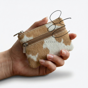 Cowhide Leather <b>Mini</b> Coin <b>Pouch</b> Double Zipper Wallet Hair On Hide Card Holder Small Leather <b>Pouch</b> Men Women OEM - Product Image 1