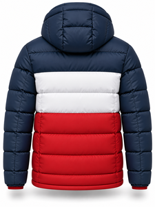 <b>Men's</b> Navy <b>White</b> Red Color Block Hooded <b>Puffer</b> <b>Jacket</b> Waterproof Quick Dry Winter Casual Zipper Polyester Wadding Front Regular - Product Image 2