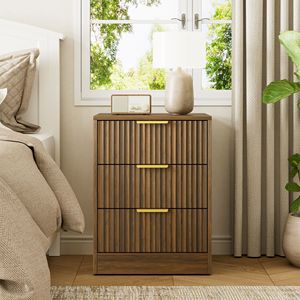 Nordic <b>Minimalist</b> Ruffled <b>Bedside</b> <b>Table</b> with Three Drawers Large Capacity Storage Walnut Golden Handles - Product Image 3
