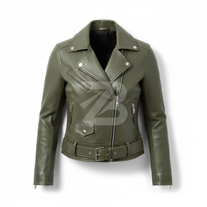 Chaqueta de Motociclista de Cuero Genuino Verde Oliva para Mujer, Manga Larga, Cuello Camisero, Cierre de Cremallera, Largo Regular, Estilo Otoñal - Product Image 2