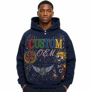 OEM Custom Navy Blue Heavyweight Hoodie Colorful Rhinestones Multi Patchwork Embroidery <b>Pullover</b> Hoodies Y2K Style Streetwear - Product Image 1