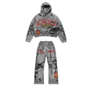 Conjunto Deportivo Gótico Vintage Lavado, Sudadera Corta con Capucha y Pantalones con Estampado Gráfico de Calaveras, Ropa Urbana de Dos Piezas - Product Image 1