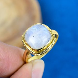 Natural Rainbow Moonstone Cushion Shape Gemstone <b>Ring</b> 18k Gold Micron Over 925 Sterling Silver - Product Image 2