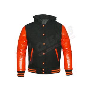 Rouge-cuir manches hommes mode entraînement Streetwear casual respirant coupe ajustée manches noir-corps varsité veste à capuche - Product Image 1
