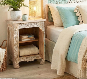 Mesa <span class=keywords><strong>de</strong></span> <span class=keywords><strong>Noche</strong></span> Tradicional <span class=keywords><strong>de</strong></span> Madera Maciza India Turquesa con Acabado Natural, Tallada a Mano, Estilo Oriental, Ecológica para Dormitorio - Product Image 2