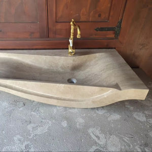 Lavabo de Pared de Diseño en Travertino Romano y Nogal, Lavabo de Piedra Hecho a Mano, Lavabo de Lujo para Baño - Product Image 1