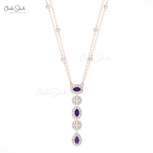 Natural 0.63 Ct Prong Setting Amethyst <b>Necklace</b> with 14k Fine Gold Diamond Halo <b>Statement</b> Chain <b>Necklace</b> from Verified Supplier - Product Image 2