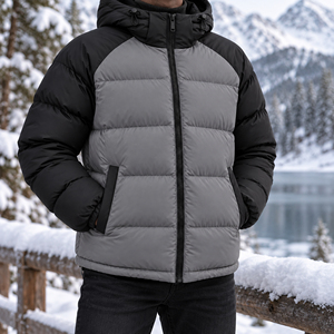 Men's <b>Grey</b> Black Color Block Hooded Puffer Jacket Winter Warm Quilted Bubble <b>Coat</b> Custom Logo OEM Thick Insulated Regular Fit - Product Image 1
