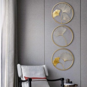Modern Gold Metal Ginkgo Leaf Wall Sculpture 3 Piece Set Circular Round Foliage Art <b>Decor</b> for <b>Bedroom</b> Living Room - Product Image 2