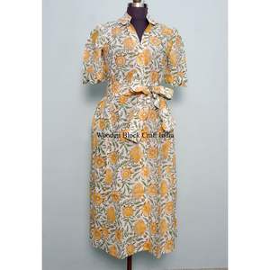 Vestidos Midi Casuales de Punto con Cuello en V Estilo Canguro de Diseño Indio para Mujer, Ecológicos, Lavables, con Estampado Floral y Decoración de Botones, 100% - Product Image 1