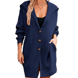 Luxury Class Women's <b>Navy</b> <b>Blue</b> Knitted Hooded <b>Cardigan</b> Long Sleeve Solid Color Button Front Casual Autumn Wear - Product Image 5