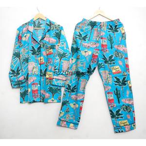 Ensemble de pyjama long pour femmes, style indien, 100% coton respirant, imprimé floral vintage numérique, taille élastique douce - Product Image 1