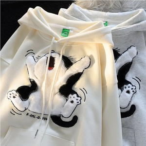 Sweat-shirt à capuche épais et ample avec poche kangourou, motif chat de dessin animé brodé et patchwork, style streetwear polyvalent - Product Image 1