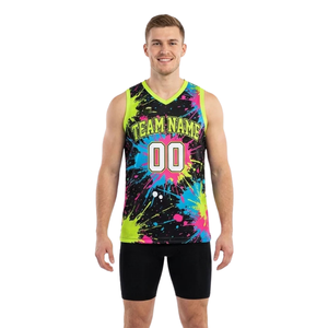 Ensemble short et maillot de basket pour homme 100 % polyester, imprimé éclaboussures de peinture, sans manches, col en V, uniforme d'équipe, taille élastique, bas ajustés - Product Image 1