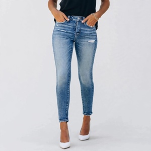 Jeans de Mezclilla Ajustados de Cintura Alta para Mujer, Color Sólido, Desgastados, Estilo Casual, para Primavera - Product Image 1